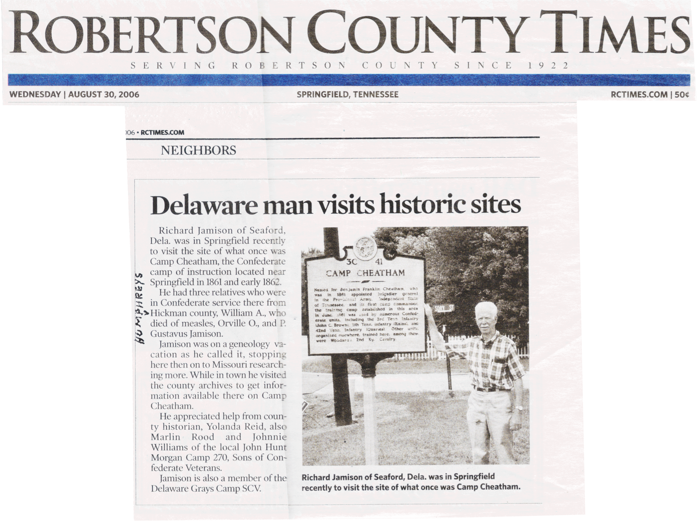 This article is about Mr. Richard J. Jamison Sr.'s visitation to Cheatham, Tennessee where his ancestors enlisted for Confederate service.