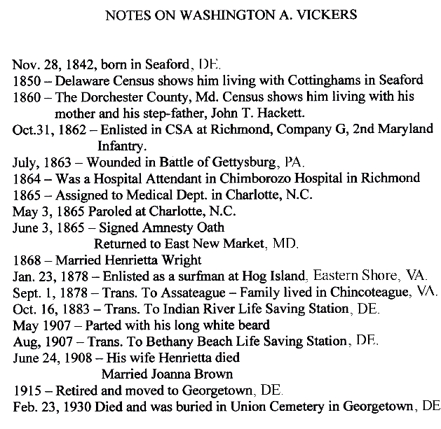 Marjorie Hudson Wellborn's notes on her Grandfather, Washington A. Vickers.